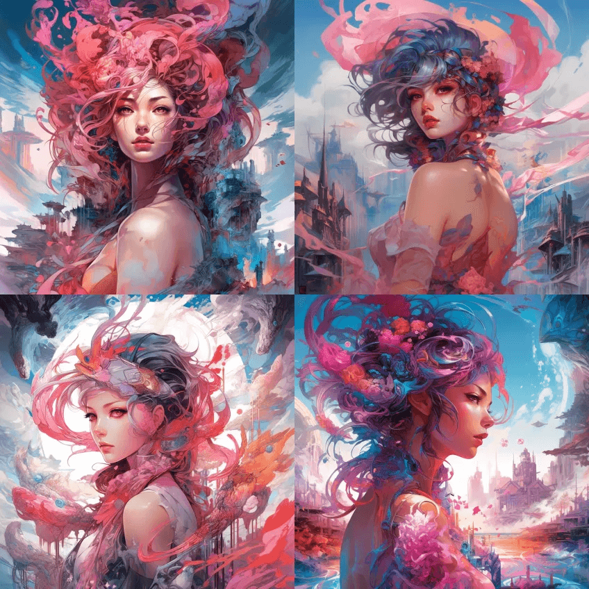 身穿天蓝色粉色的动画片角色，背后是壮丽的 - Midjourney Prompt