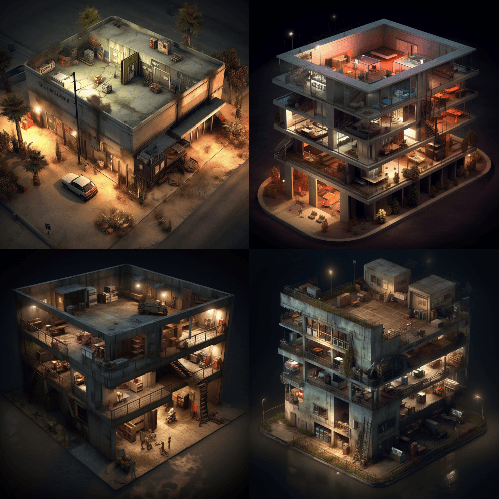 复杂的结构，阻止僵尸的掩体，等距投影，虚 - Midjourney Prompt