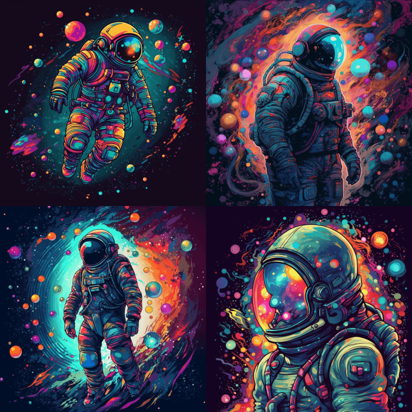 一名宇航员在轨道上，背景是彩色星星，以迷 - Midjourney Prompt