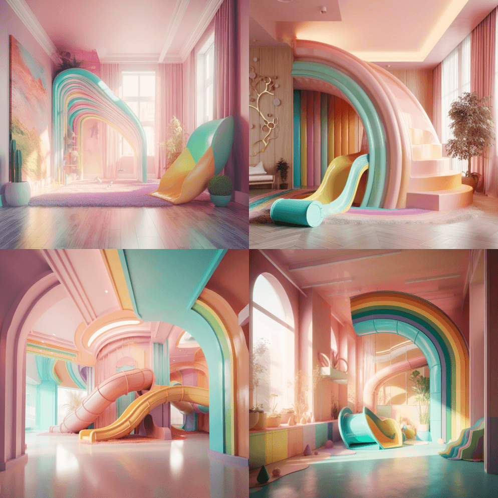 一个彩虹滑梯和彩虹的房间，洛可可风格的柔 - Midjourney Prompt
