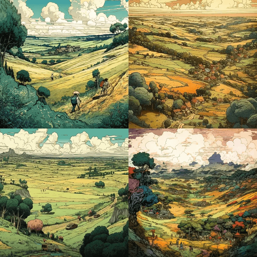 令人惊叹的风景艺术品，细胞明暗与水彩的融 - Midjourney Prompt