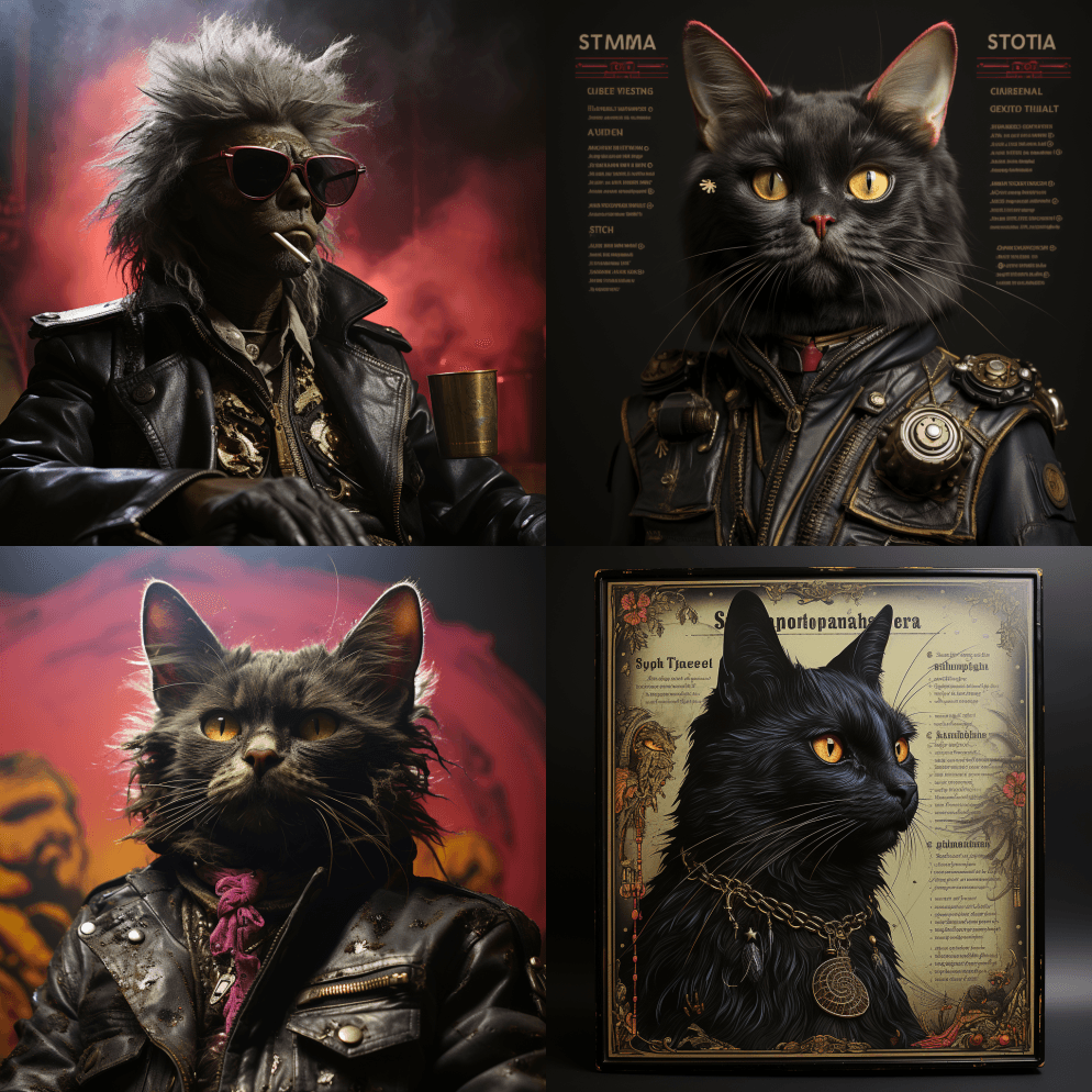卡片的正面是一只拿着香烟的黑猫的形象，风 - Midjourney Prompt