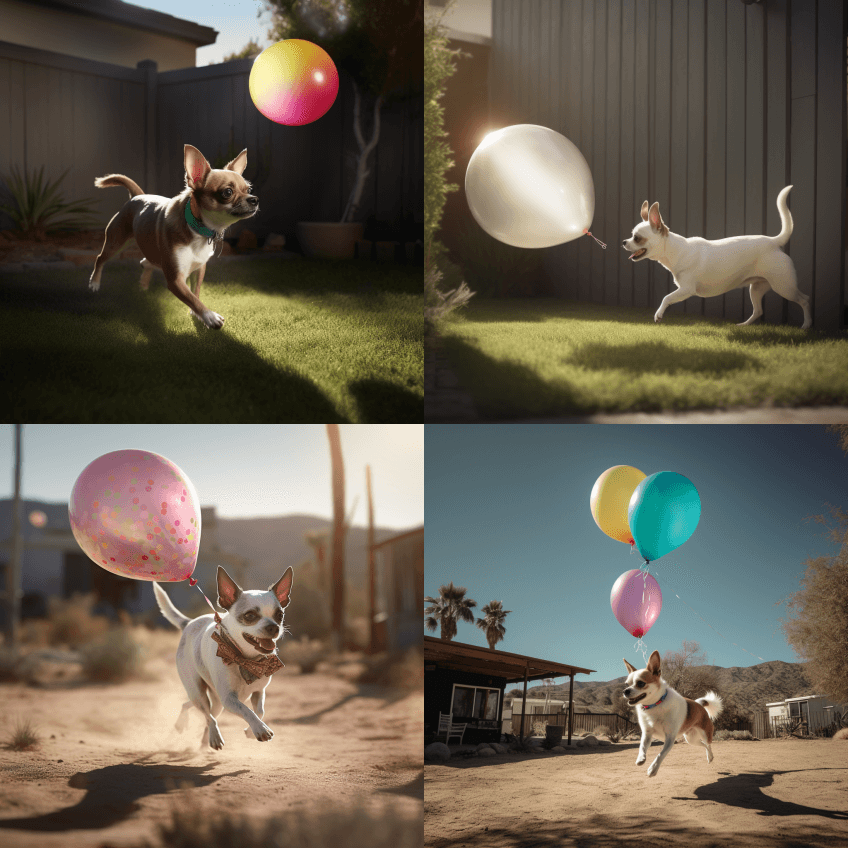 吉娃娃追逐气球的长镜头，外部，疯狂的细节 - Midjourney Prompt