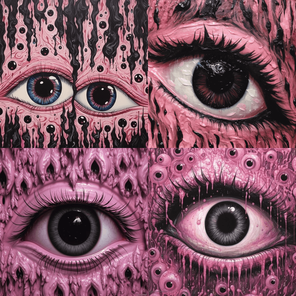 粉色和黑色的眼睛，哥特式恐怖的风格，新流 - Midjourney Prompt