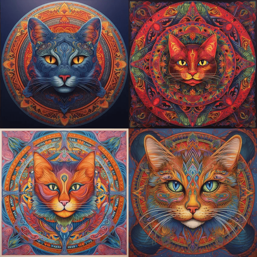 曼达拉带猫，色彩鲜艳，画成亚历克斯·灰色 - Midjourney Prompt