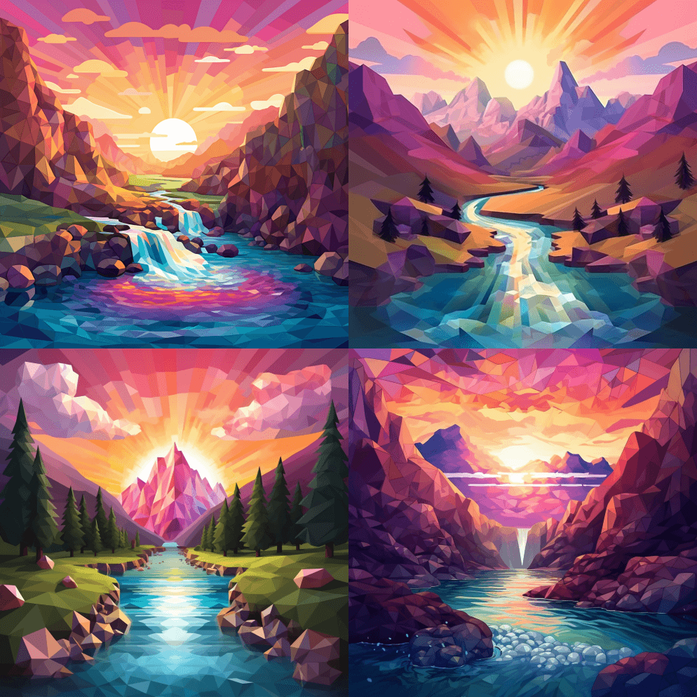 超逼真的低矮的多山溪流戏剧性的多层瀑布， - Midjourney Prompt