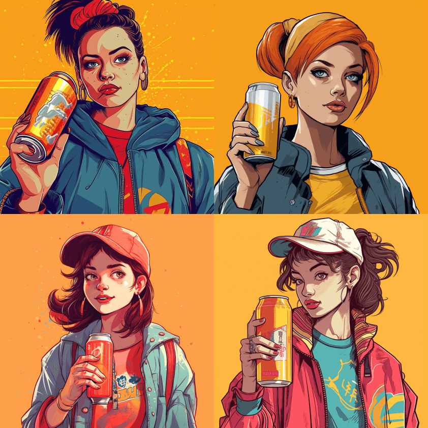 年轻的成年女性角色设计，穿着一件拿着一罐 - Midjourney Prompt