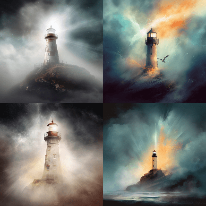 雾中雾号灯塔的数字艺术，宇宙艺术 - Midjourney Prompt