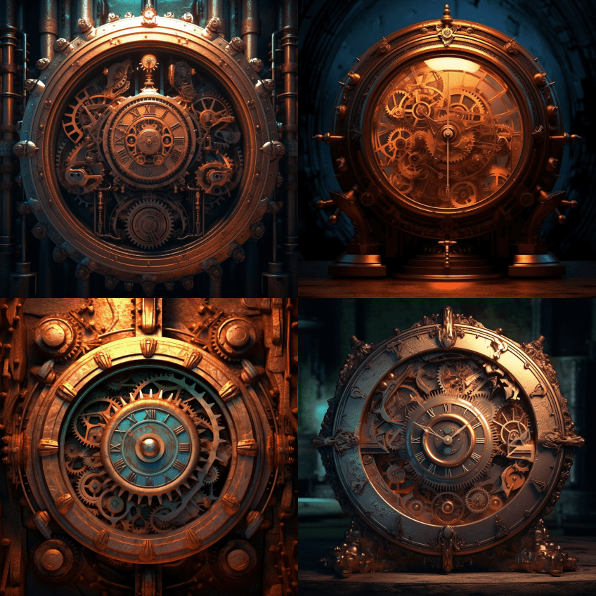 以蒸汽朋克为灵感的时钟，以复杂的齿轮和齿 - Midjourney Prompt