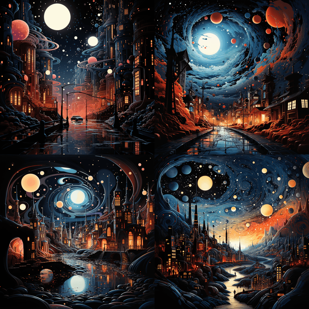 黑洞中的城市，漩涡，充满活力和超现实主义 - Midjourney Prompt