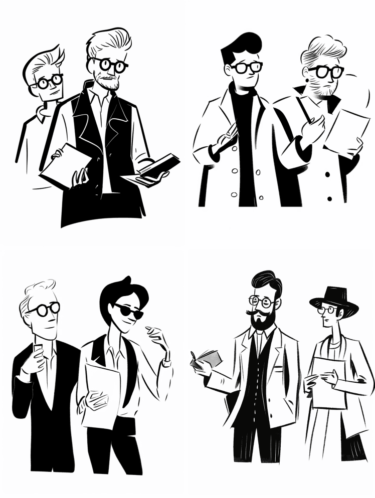 两位中年、酷炫、别致、时尚、天才的庆祝成 - Midjourney Prompt