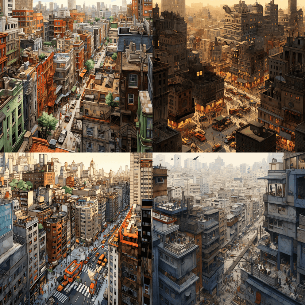 鸟瞰繁华的城市景观，为日常生活提供独特的 - Midjourney Prompt