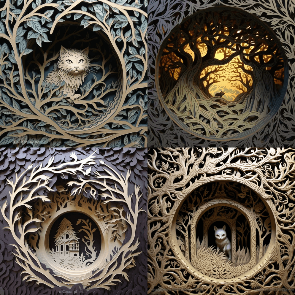 多维剪纸工艺，纸插图，隧道，树洞，内心深 - Midjourney Prompt