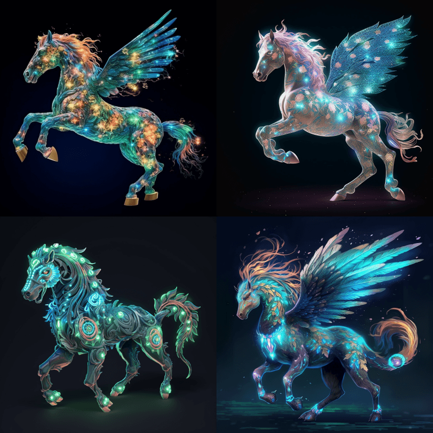 一只由发光的水晶制成的符文飞马豹，它的脚 - Midjourney Prompt