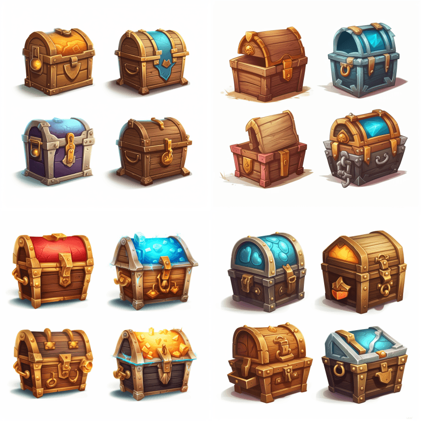 一套4个关闭的宝箱，作为用户界面的2D图 - Midjourney Prompt