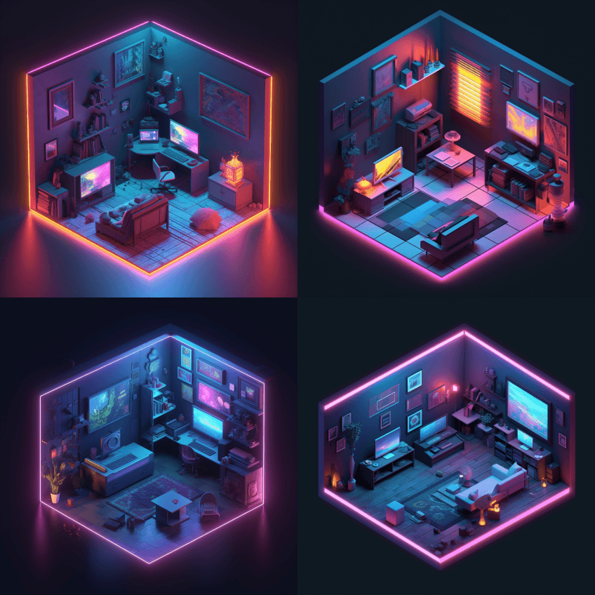 带有32位等距霓虹灯的游戏室 - Midjourney Prompt
