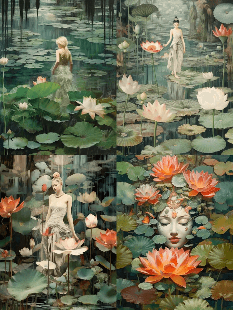 莲花，富丽堂皇的秘密花园，拼贴 - Midjourney Prompt