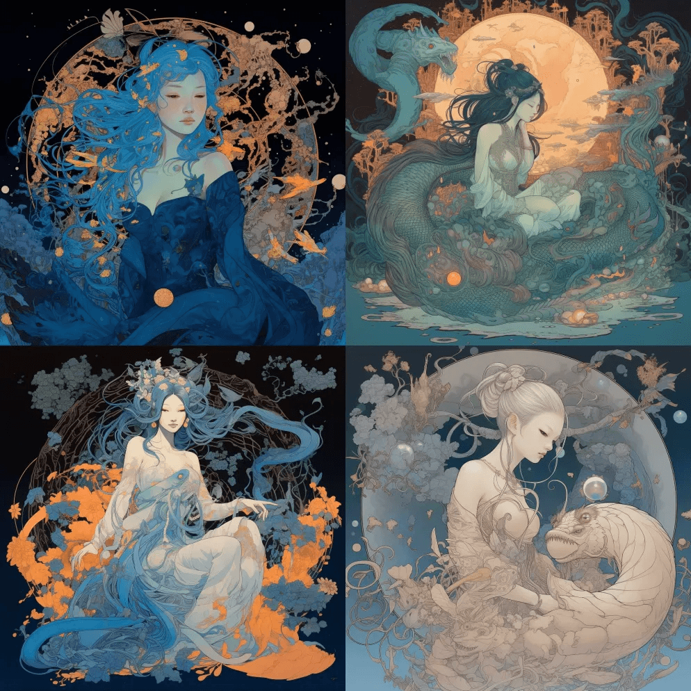 被萤火虫包围的日本龙的极美丽，极具创造力的光谱女神- Midjourney Prompt