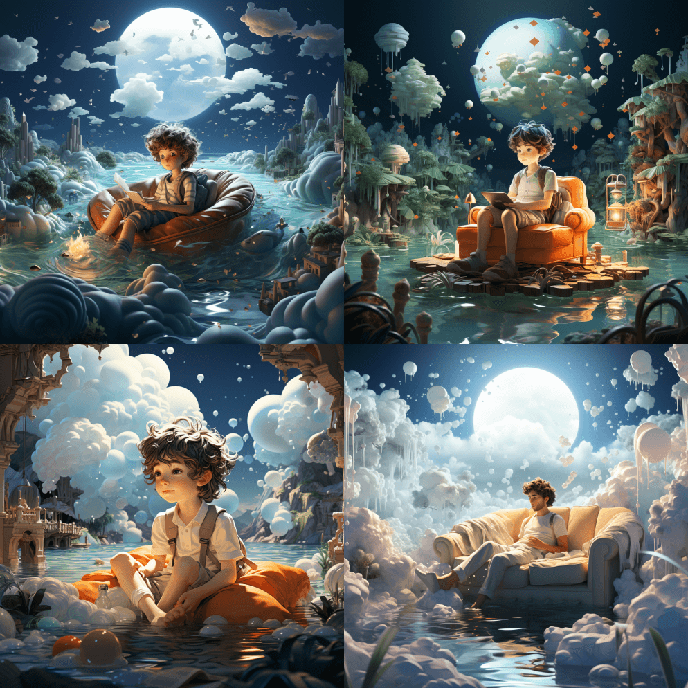 一个男孩躺在水中的充气床上，以浅蓝色和花 - Midjourney Prompt