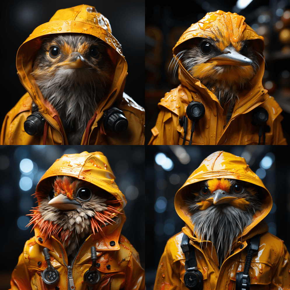 穿着雨衣的动物，超现实主义的流行风格，赛 - Midjourney Prompt