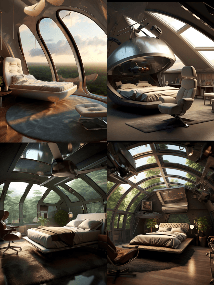 漂亮的房间配备得像现代战斗机的机舱，飞行 - Midjourney Prompt