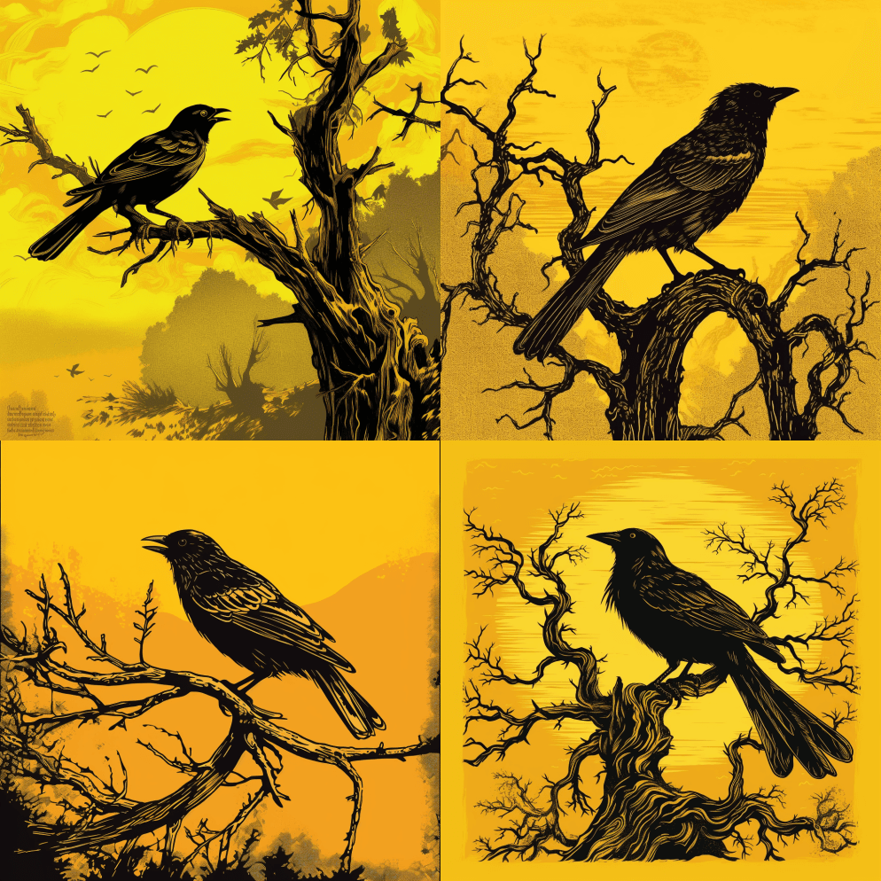 一只鸟坐在树上的剪影，黄色和黑色的风格， - Midjourney Prompt
