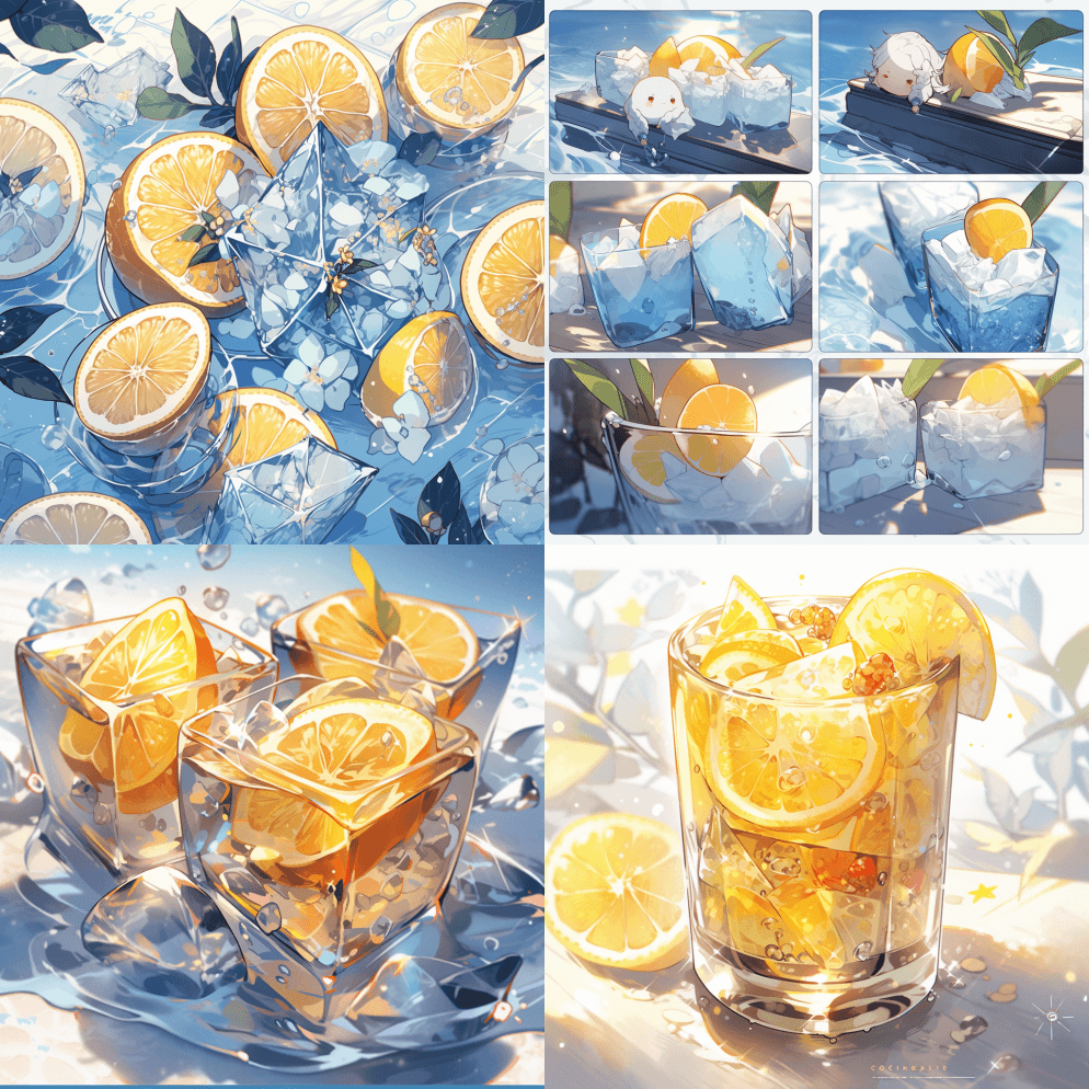 清爽的柠檬片，冰块，水滴，凉爽 - Midjourney Prompt