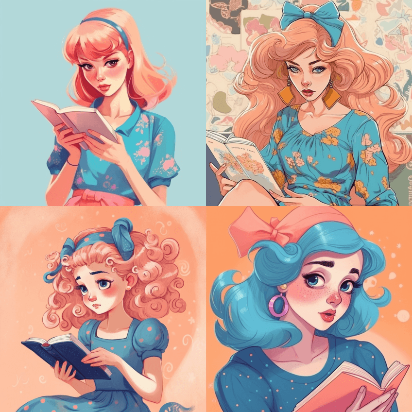 一个卡通女孩，带着一本书，穿着蓝色连衣裙 - Midjourney Prompt