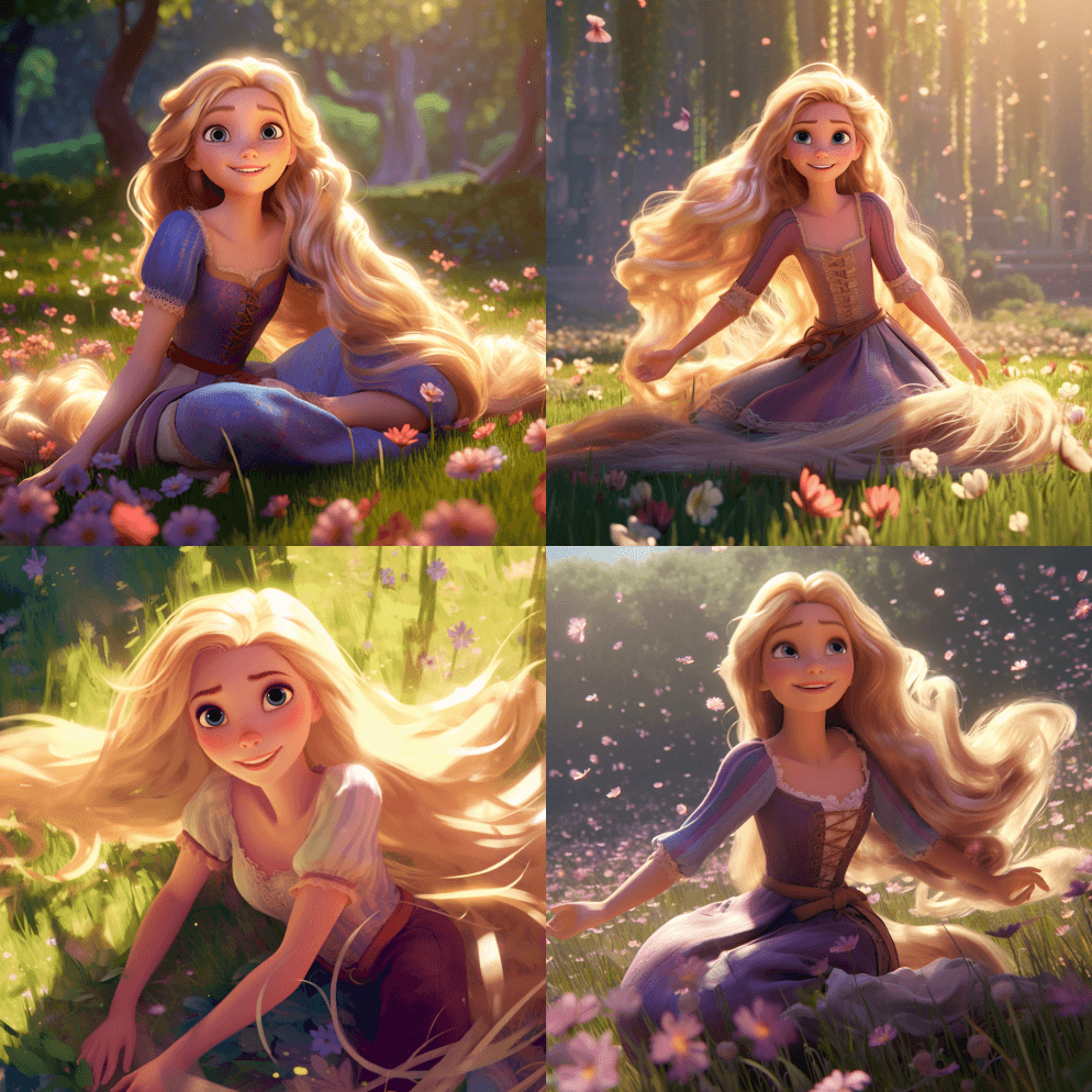 迪士尼公主Rapunzel在草地上玩耍的 - Midjourney Prompt