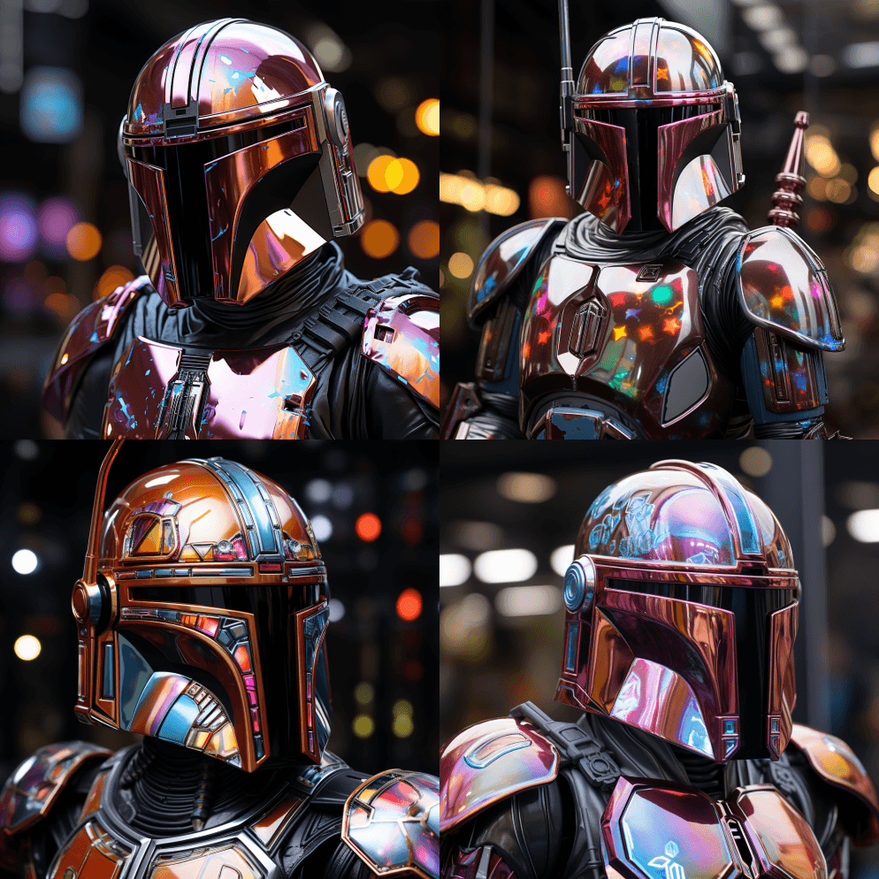 特写霓虹灯曼达洛人头盔，控制性霓虹灯增强 - Midjourney Prompt