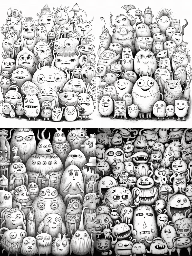 一群可爱怪异的小动物，为孩子们上色，粗线 - Midjourney Prompt