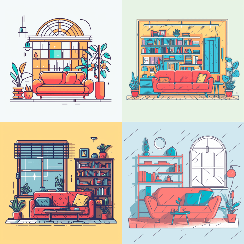 涂色书风格，描绘舒适房间的图像，阁楼，沙 - Midjourney Prompt