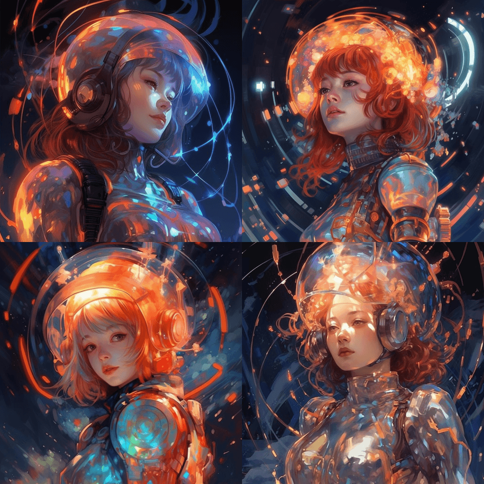 年轻的动漫女孩，透明的太空头盔，发光的火 - Midjourney Prompt