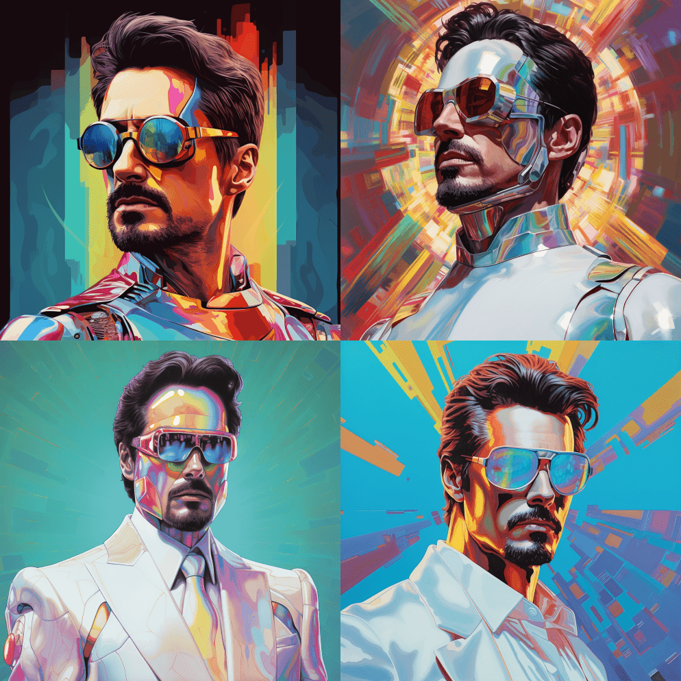 托尼·斯塔克饰演一个闪闪发光的未来主义机 - Midjourney Prompt