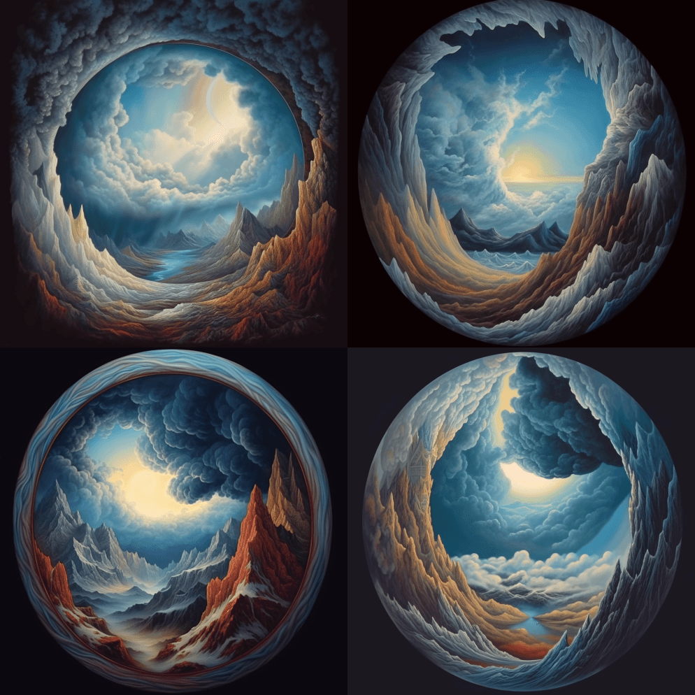 一幅穿洞而过的天、云和山的画，以延时摄影 - Midjourney Prompt