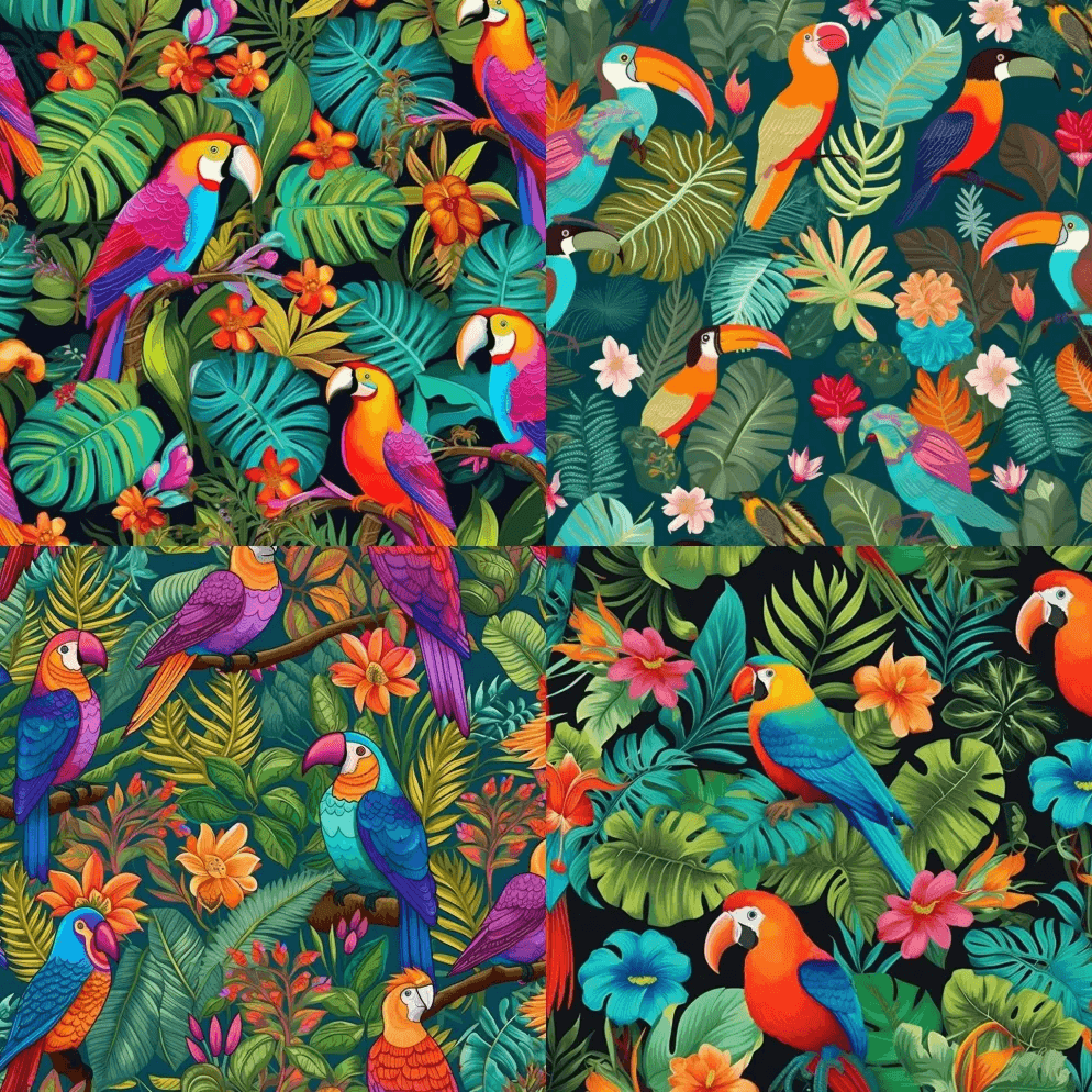 为珍奇鸟类创造一个无缝重复的图案：设计一 - Midjourney Prompt