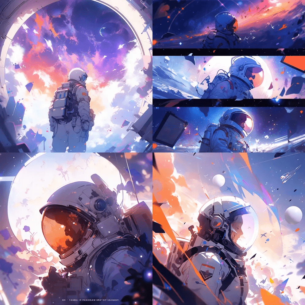 太空中的宇航员，行星和宇宙飞船的背景，蓝 - Midjourney Prompt
