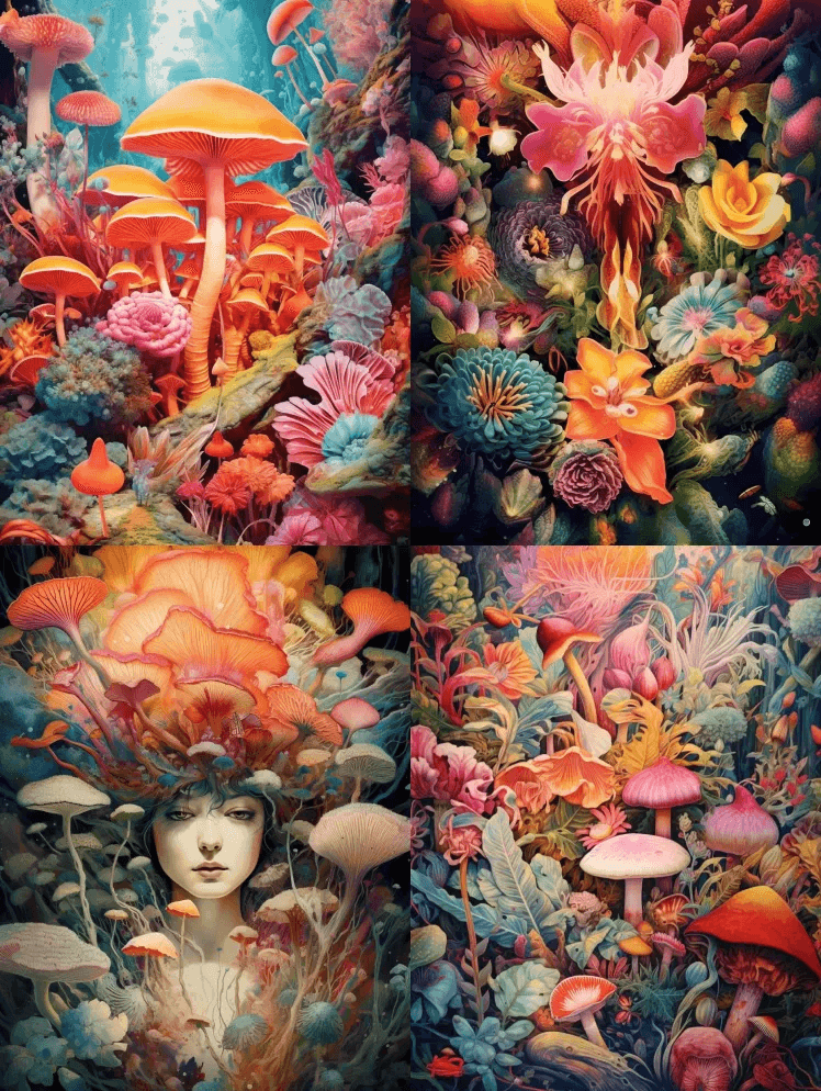 复古、迷幻、幻觉、万花筒、自然、植物学 - Midjourney Prompt