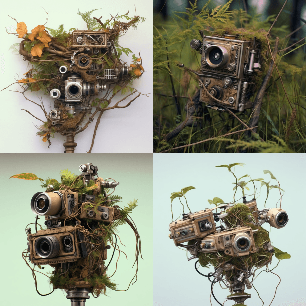 用棍子和植物做成的生物力学相机 - Midjourney Prompt