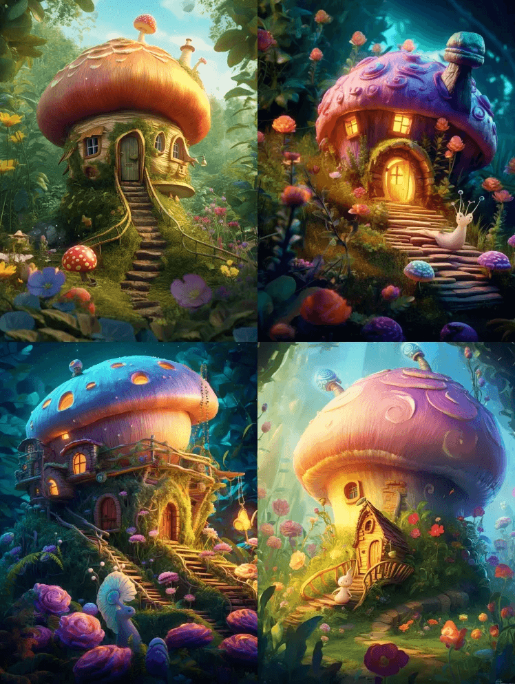 一个幻想的，拟人化的蜗牛壳房子，戴着一顶 - Midjourney Prompt