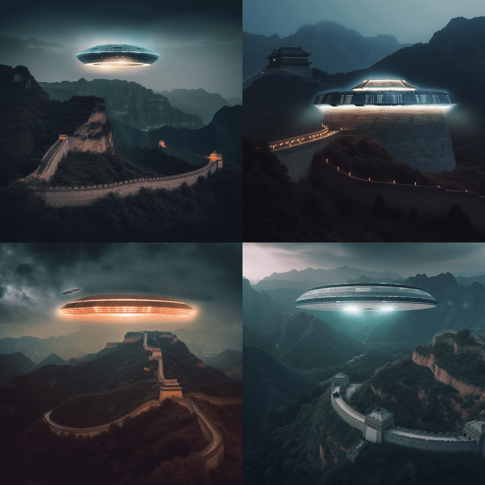 一个飞碟在中国长城上空盘旋，照亮，电影图 - Midjourney Prompt