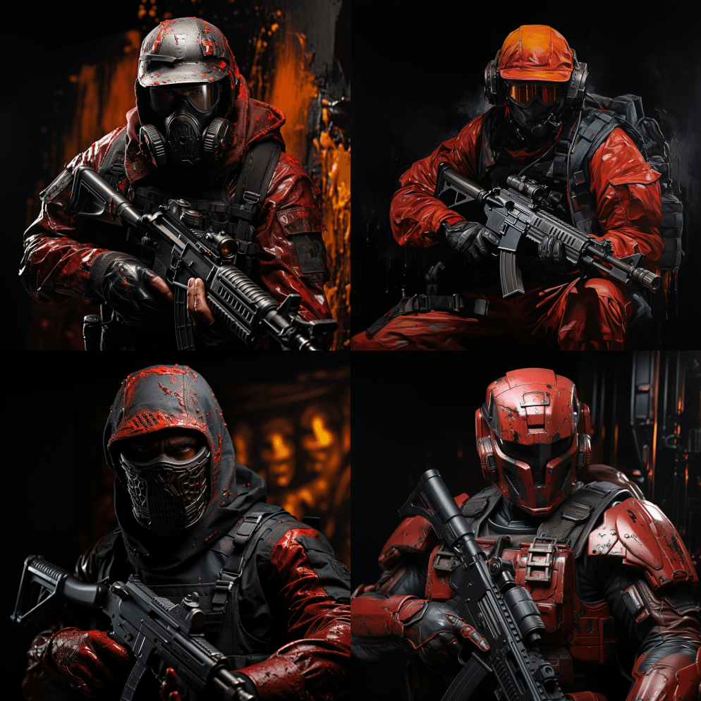 /宽阔视野，戴着红色面具的特种部队士兵 - Midjourney Prompt