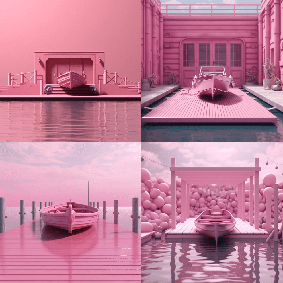 数字背景粉色船坞和粉色摩托艇全部由塑料阳 - Midjourney Prompt