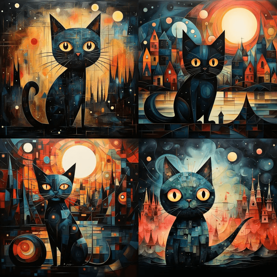 猫钓鱼，保罗·克利风格，超现实主义杰作， - Midjourney Prompt