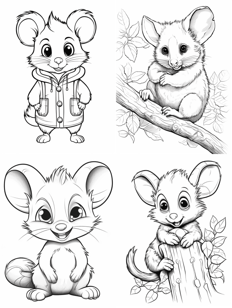 为孩子上色的页面，可爱的负鼠，非常简单， - Midjourney Prompt