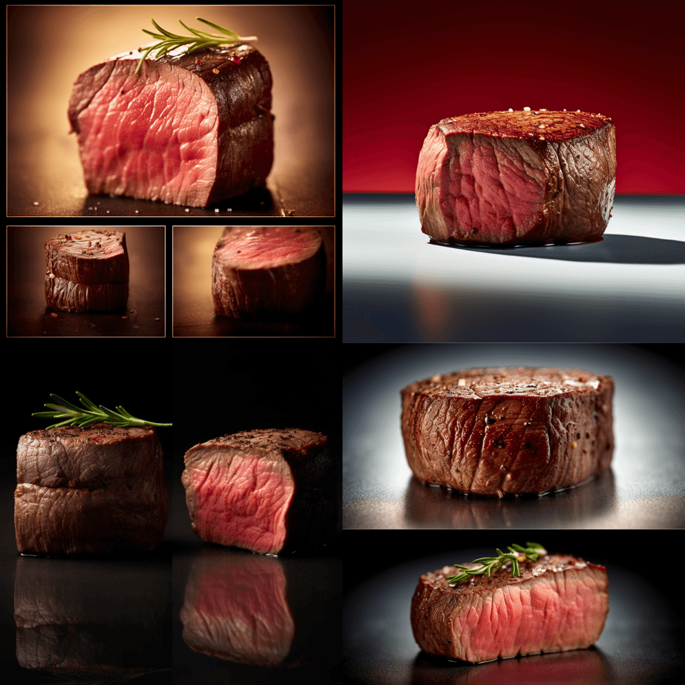 菲力牛排：一块嫩而瘦的牛肉，取自里脊肉， - Midjourney Prompt