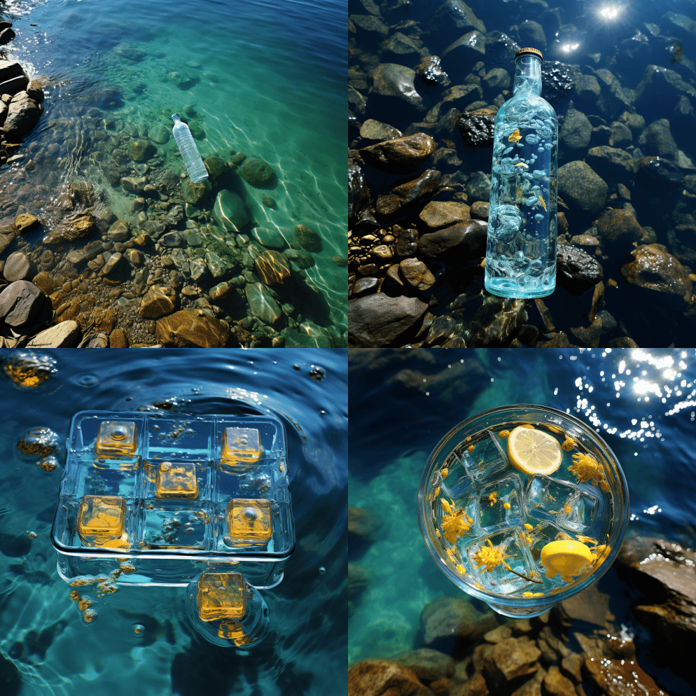 鸟瞰，水清，底蓝，有同心的涟漪，躺着一瓶 - Midjourney Prompt