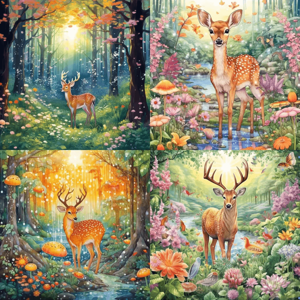 神奇的森林，可爱的梅花鹿，在森林里闪耀着 - Midjourney Prompt