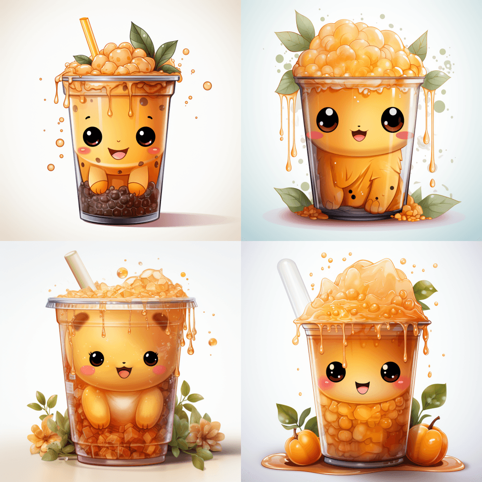 令人愉快和卡哇伊描绘的可爱的芒果泡泡茶在 - Midjourney Prompt