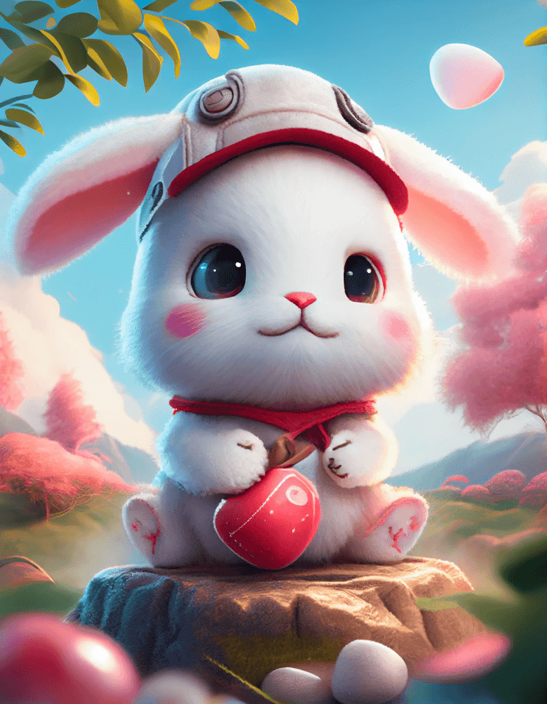 小白兔，戴着可爱的长毛绒帽子，穿着粉蓝相 - Midjourney Prompt
